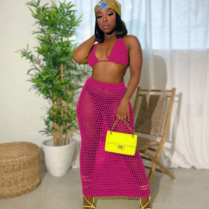 Sunflare Halo Knit Two-Piece Mesh Skirt Set