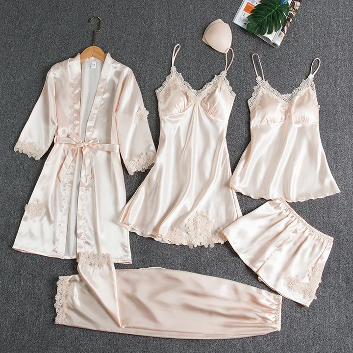 Summer Ice Silk Lace Long Sleeve Nightgown 5-Piece Set