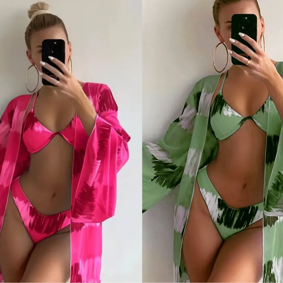 Summer Women Fashion Sexy Printed Bikini Swimwear Sunscreen Cover-Ups Three-Piece Set