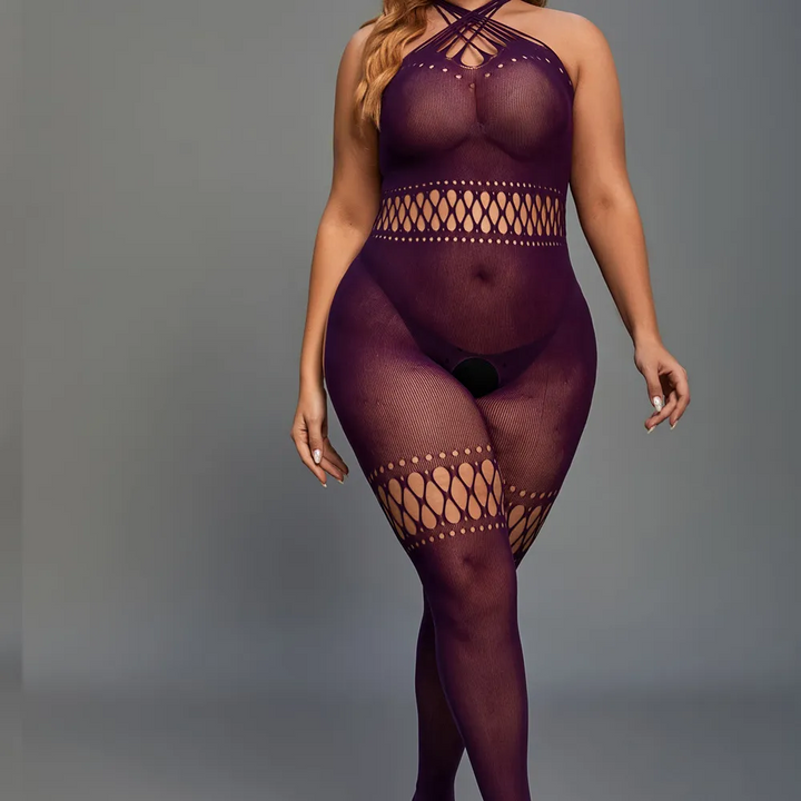 Plus Size Hollow-Out Sheer Lingerie Jumpsuit