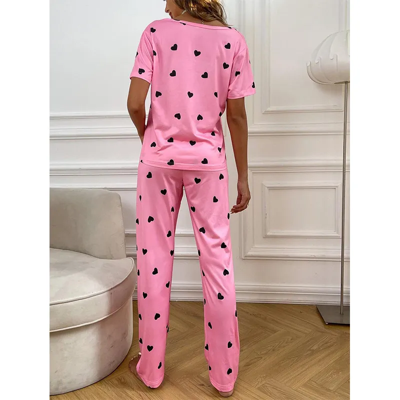 Casual Heart Print Short Sleeve and Pants Pajama Set