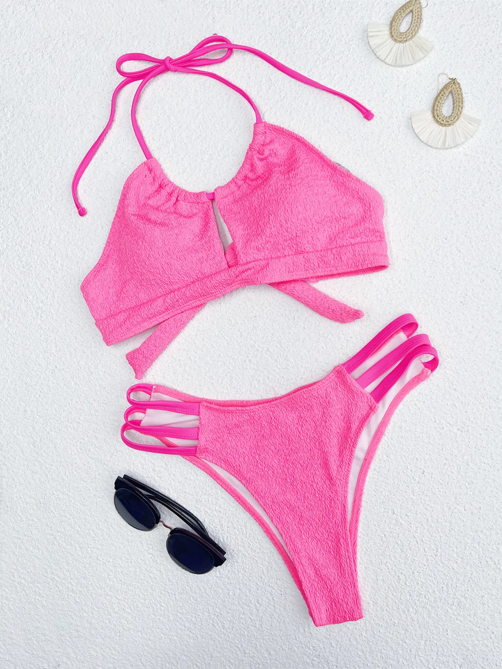 Solid Color Backless Halter Hollow Bikini Set