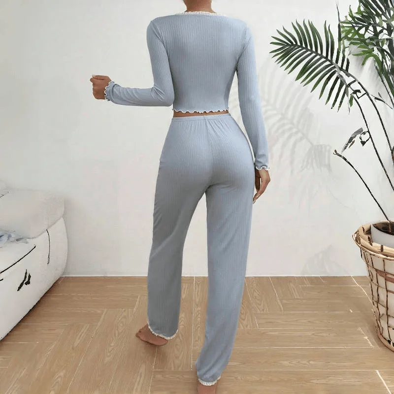 Casual Solid Color Lace Loungewear Set