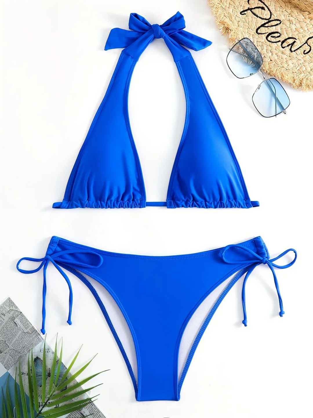 Solid Color Halter Neck Bikini Two-Piece Set