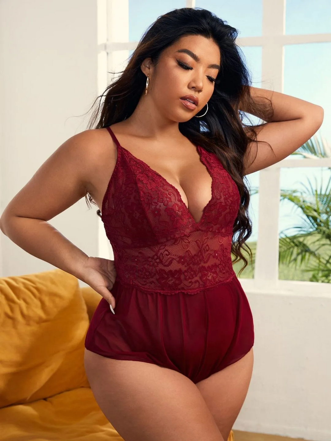 Plus Size Deep V Sheer Sling Lingerie Bodysuit