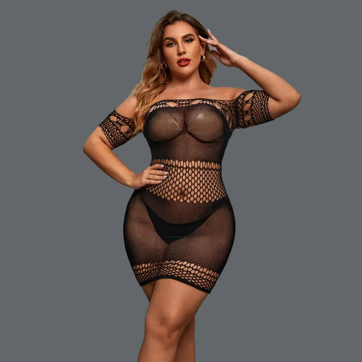 Plus Size Off-Shoulder Sheer Hollow-Out Lingerie