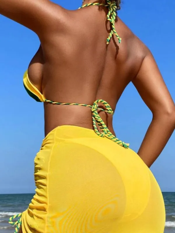 Women Fashion Sexy Halter Neck Lace-Up Bikini Swimsuit Three-Piece Set