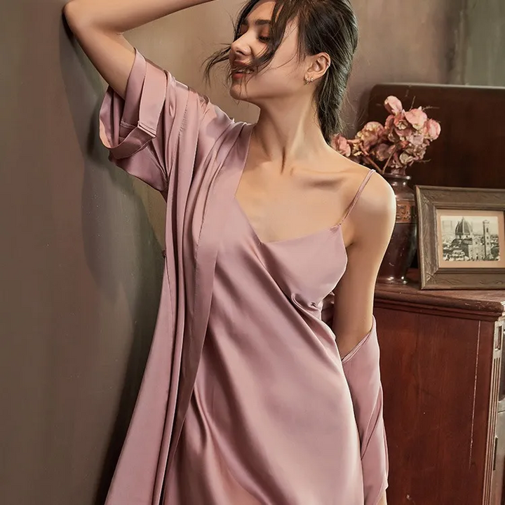 Solid Color Satin Nightdress & Robe Set