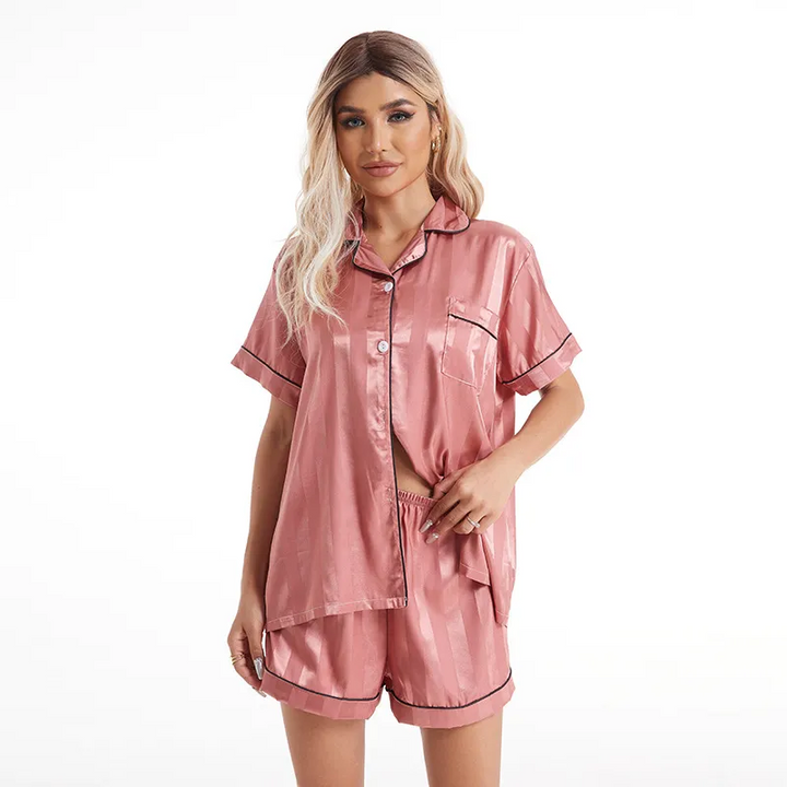Jacquard Stripe Imitation Silk Short Sleeve Pajama Set