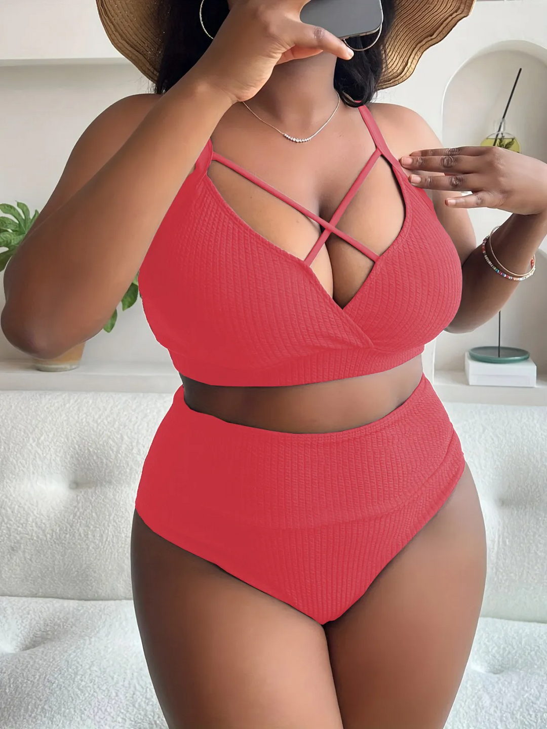 Summer Women Fashion Sexy Plus Size Solid Color Cross Hollow Sling High Waist Swimsuit Set