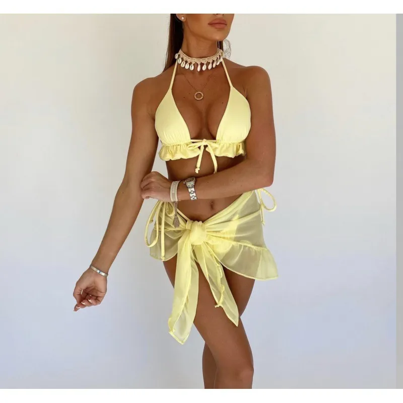 Women Halterneck Lace Pleated Mesh Skirt Bikini Set