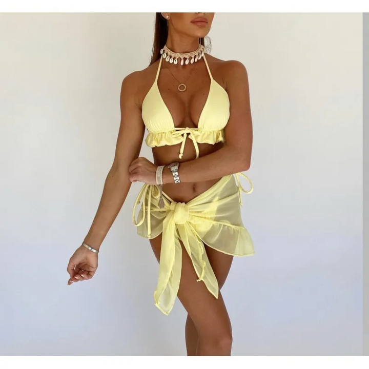 Women Halterneck Lace Pleated Mesh Skirt Bikini Set