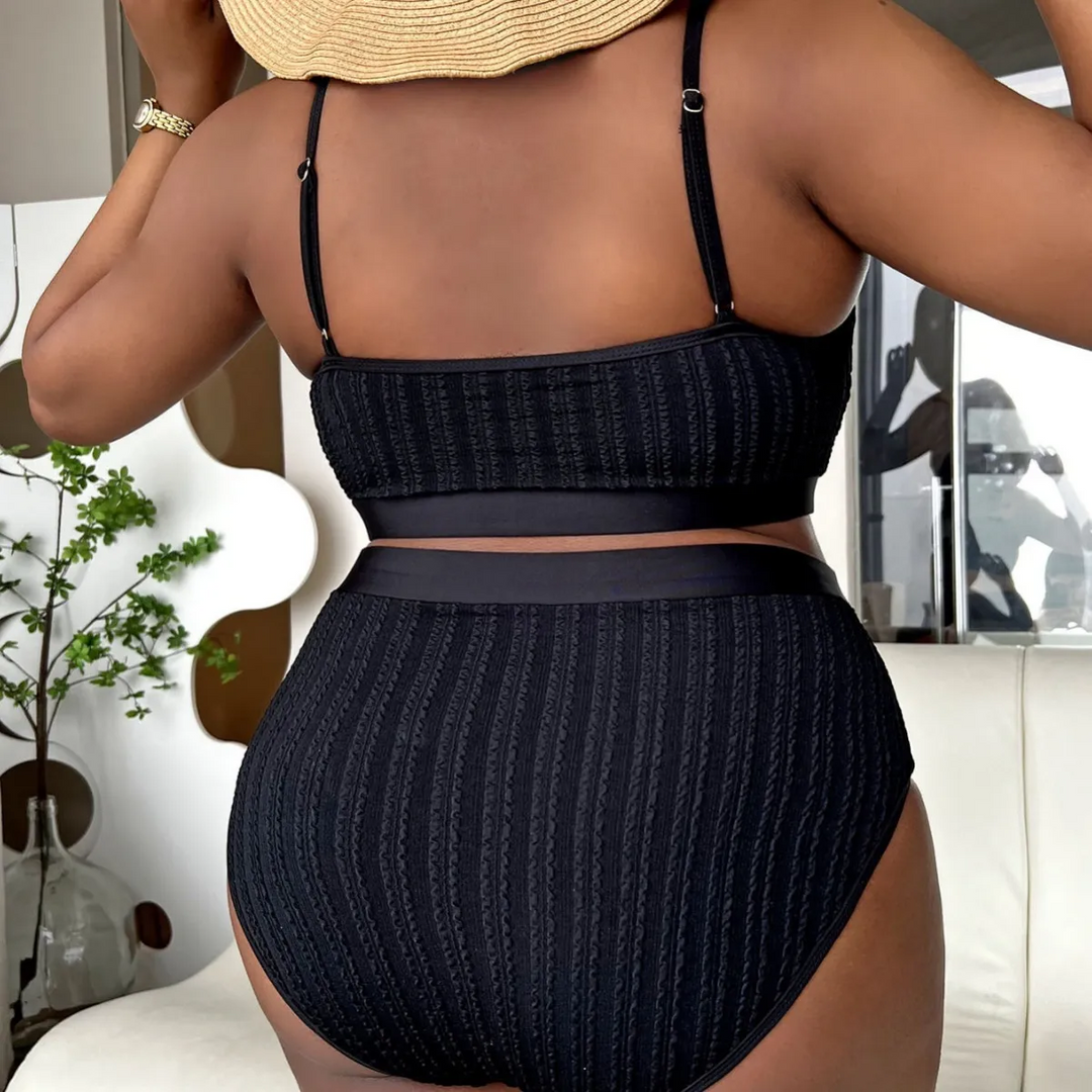 Summer Women Fashionable Plus Size Solid Color Sling High Waist Swimsuit Set