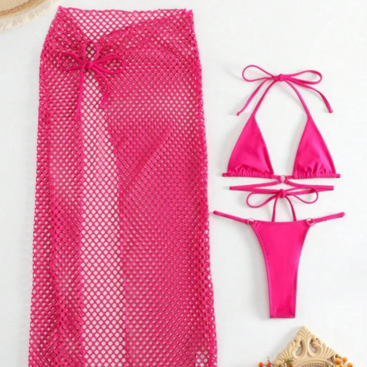 Swimsuit Women Three-Piece Sexy Split Bikini Long Skirt Solid Color Halter Strap Set