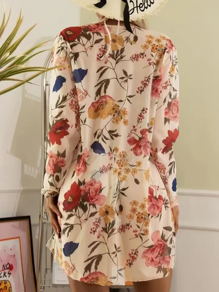 Women Fashion Floral Printed Mesh Bikini Swimsuit Three-Piece Set