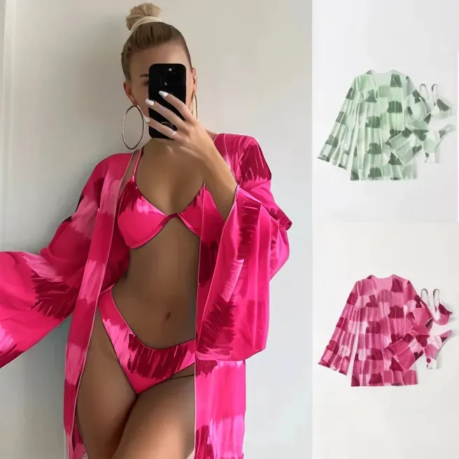 Summer Women Fashion Sexy Printed Bikini Swimwear Sunscreen Cover-Ups Three-Piece Set