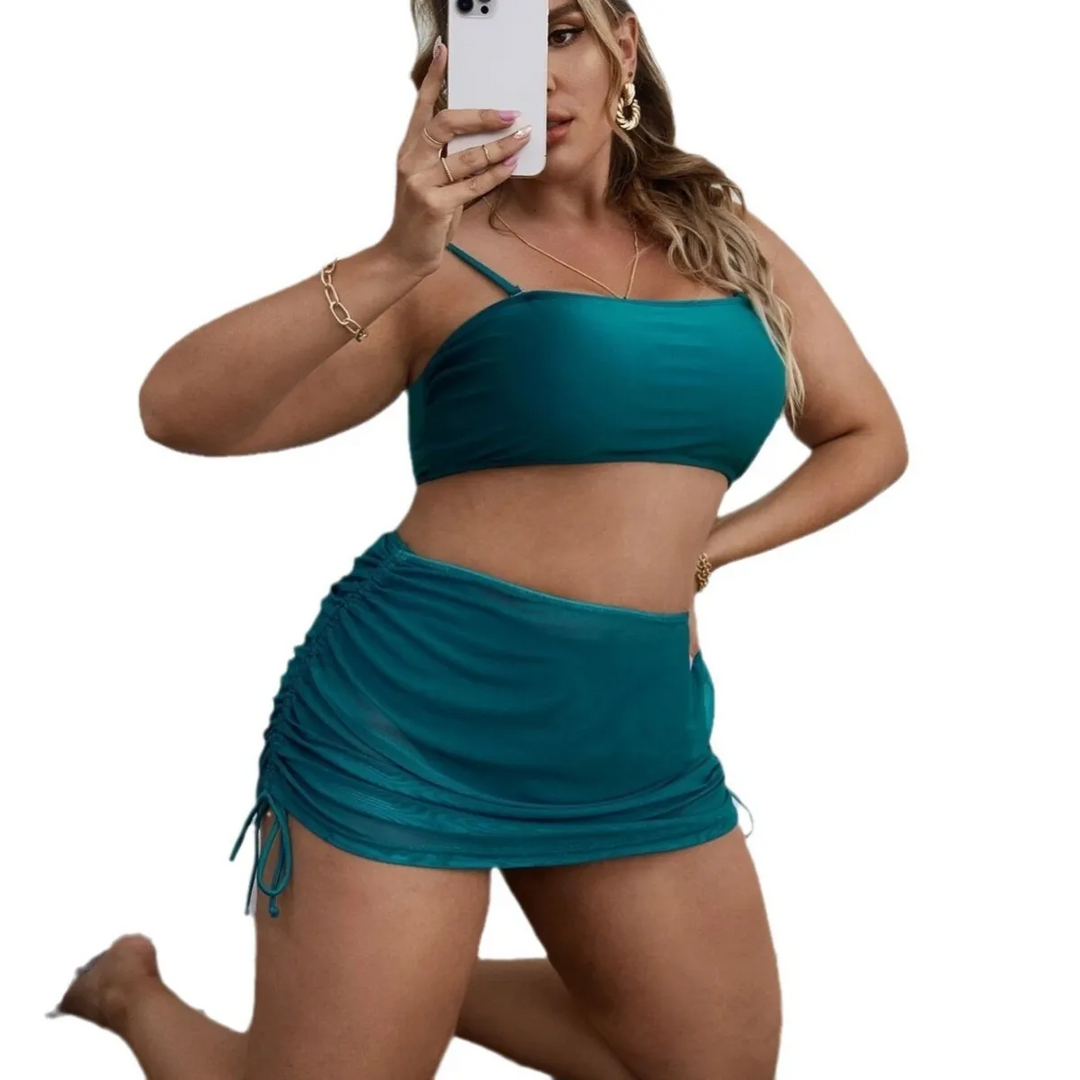Summer Women Fashion Plus Size Solid Color Sling Mesh Swimsuit Three-Piece Set