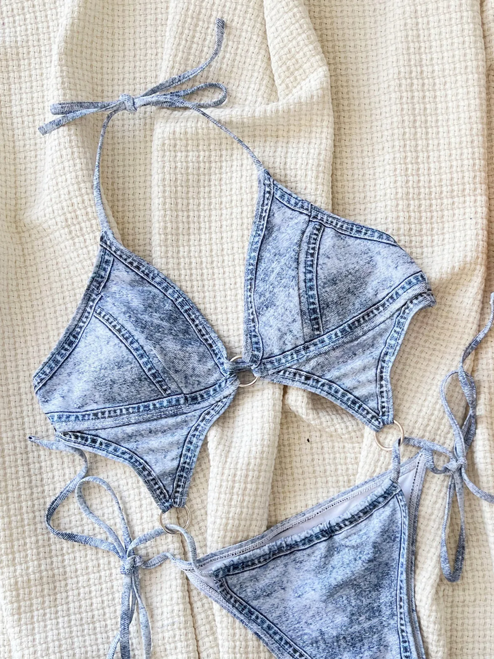 Denim Print Lace-Up One-Piece Swimsuit