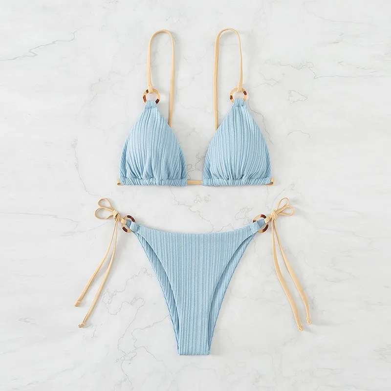 Solid Color Lace-Up Bikini Swimsuit Set