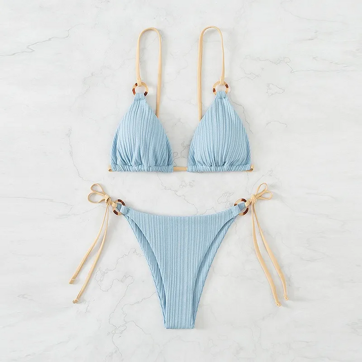 Solid Color Lace-Up Bikini Swimsuit Set