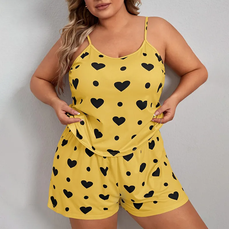 Plus Size Heart Print Two-Piece Pajama Set