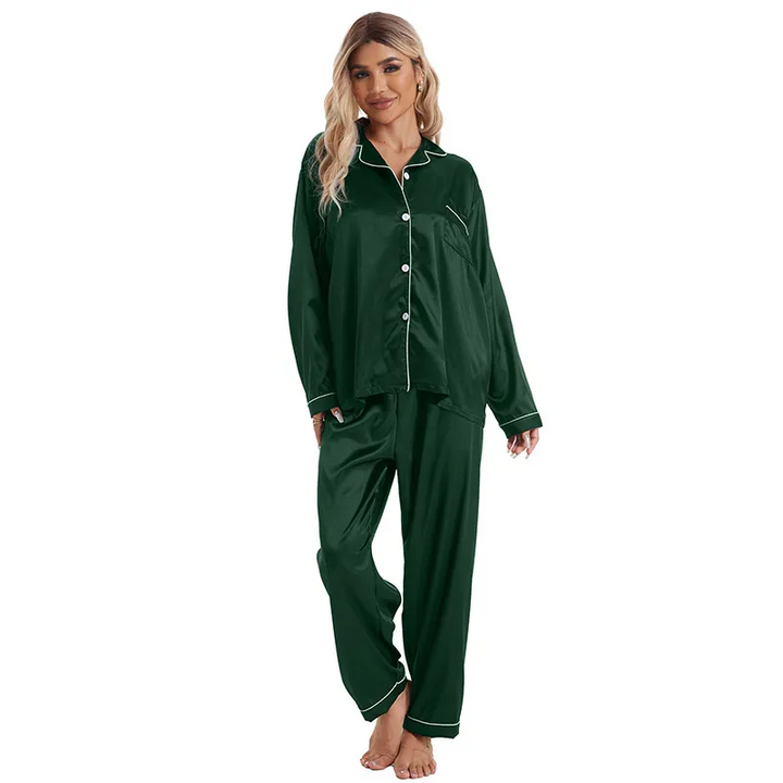 Casual Ice Silk Lapel Long Sleeve Pajama Set