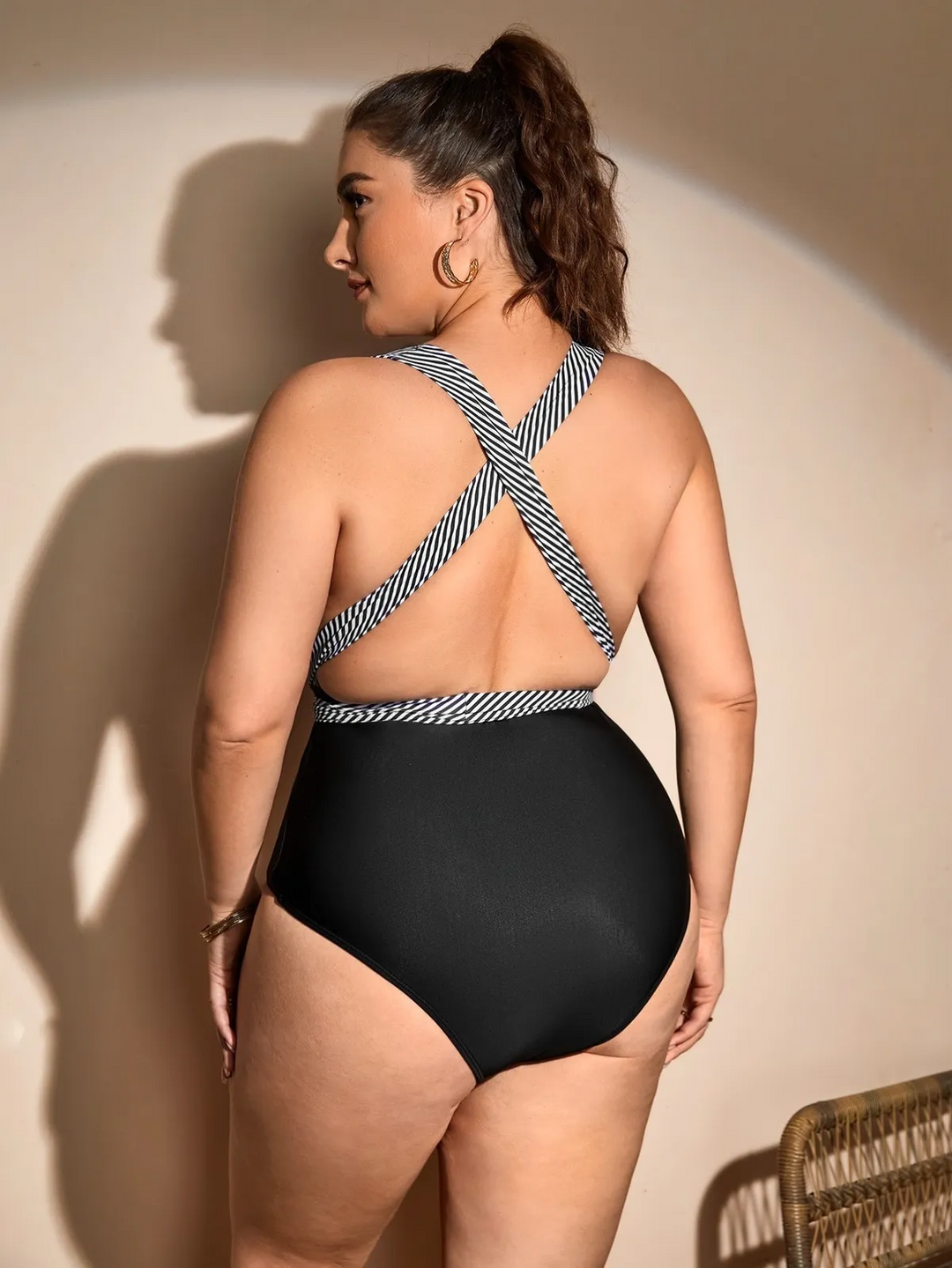 Curvy Chic Black Striped Deep V One-Piece Swimsuit