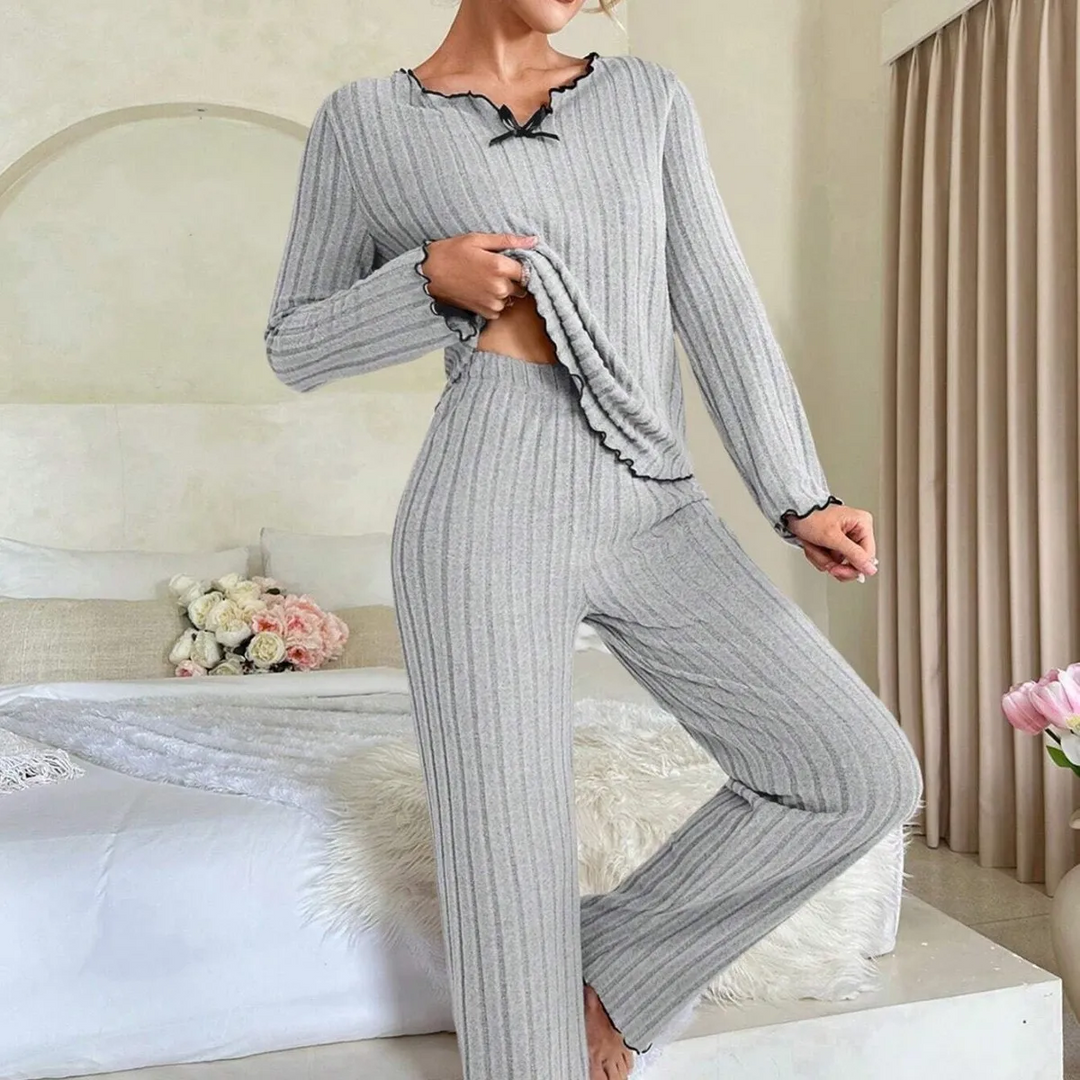 Casual Solid Color Ruffle Trim Loungewear Set