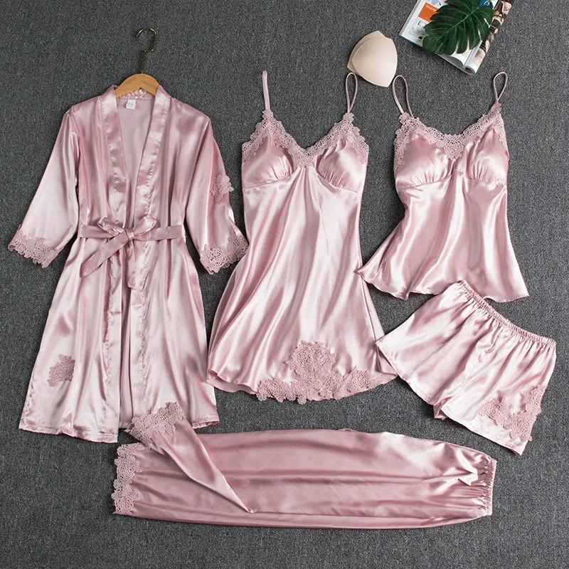 Summer Ice Silk Lace Long Sleeve Nightgown 5-Piece Set
