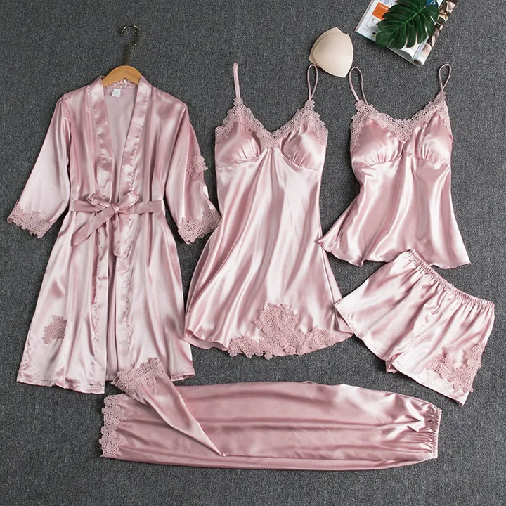 Summer Ice Silk Lace Long Sleeve Nightgown 5-Piece Set