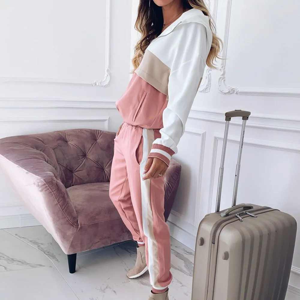 Patchwork Style Zipper Hoodie Comfy Jogger Set