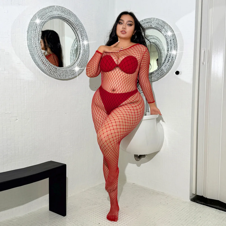 Plus Size Fishnet Crotchless Lingerie Jumpsuit