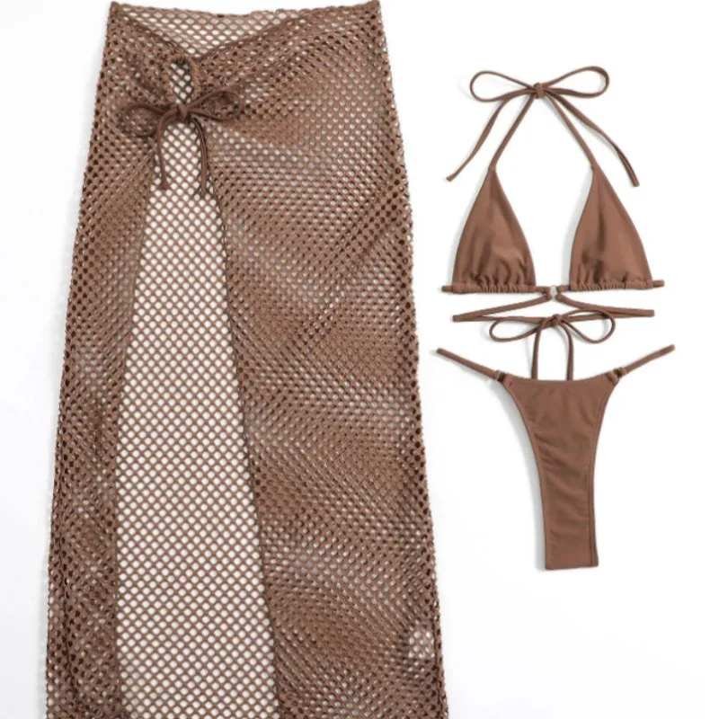 Swimsuit Women Three-Piece Sexy Split Bikini Long Skirt Solid Color Halter Strap Set