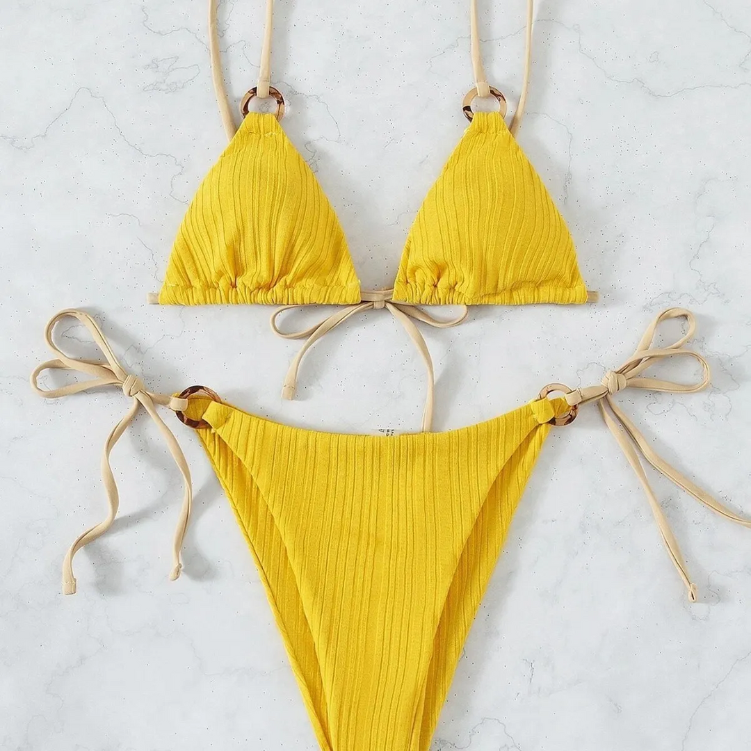 Solid Color Lace-Up Bikini Swimsuit Set