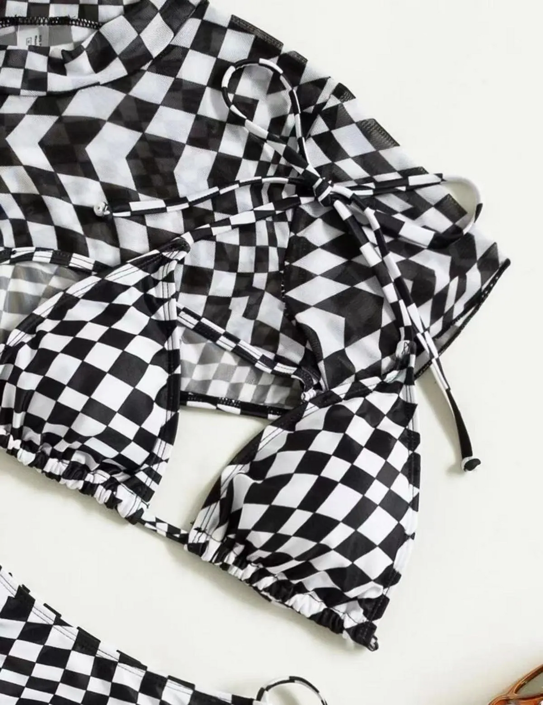 Women Fashion Sexy Black White Plaid Bikini Swimsuit Three-Piece Set