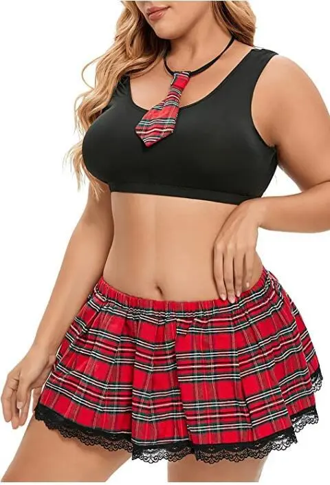 Plus Size Plaid Lace Cosplay Lingerie Set