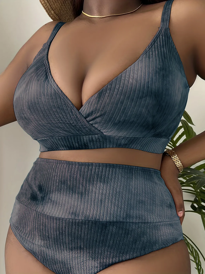 Summer Women Fashionable Plus Size Deep V Strap Tie-Dye Printed High Waist Swimsuit Set