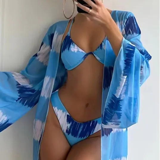 Summer Women Fashion Sexy Printed Bikini Swimwear Sunscreen Cover-Ups Three-Piece Set