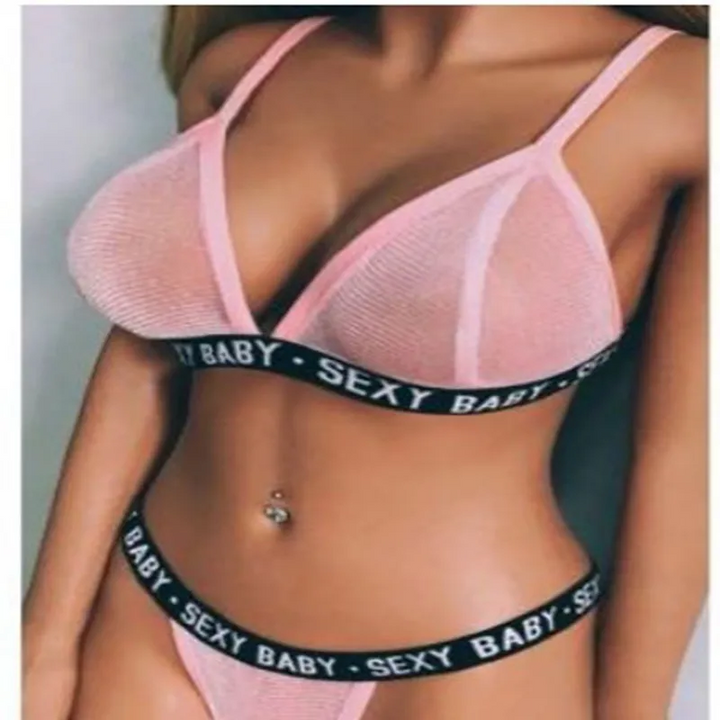 Letter Print Halter Backless Sheer Bikini Set