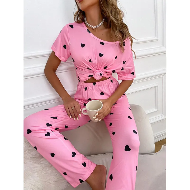 Casual Heart Print Short Sleeve and Pants Pajama Set