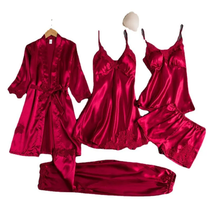 Summer Ice Silk Lace Long Sleeve Nightgown 5-Piece Set