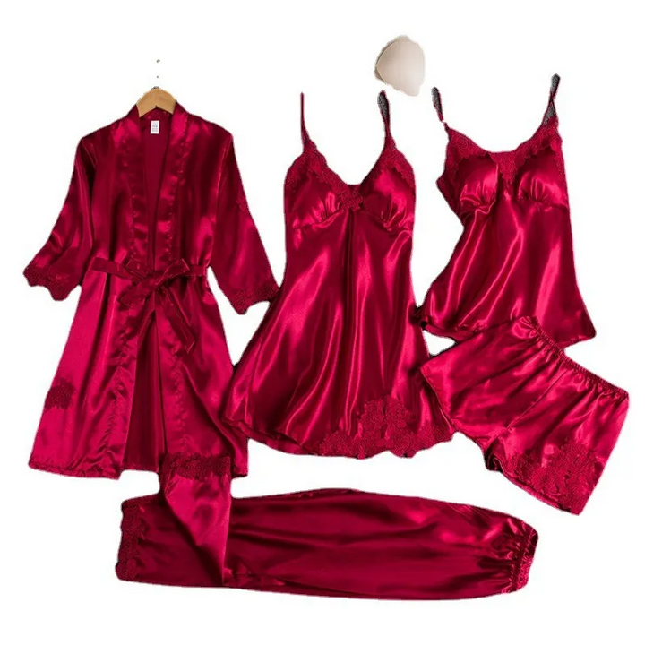 Summer Ice Silk Lace Long Sleeve Nightgown 5-Piece Set