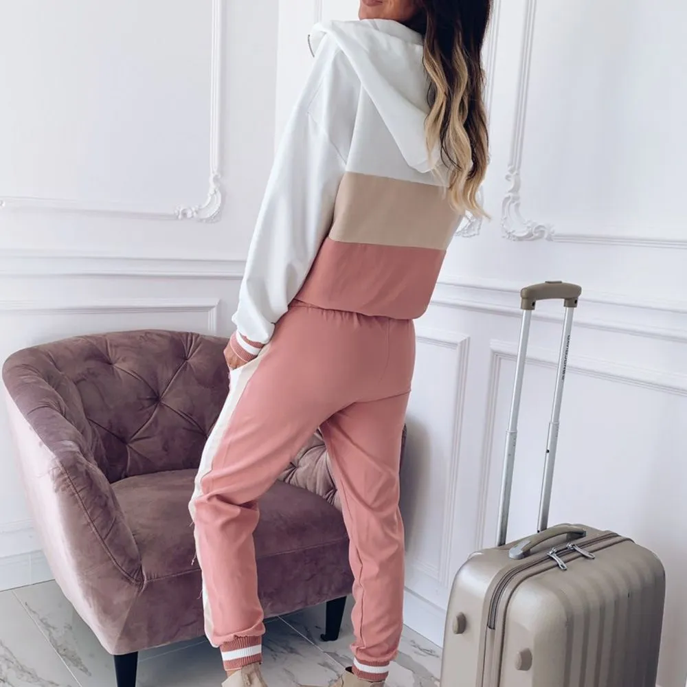 Patchwork Style Zipper Hoodie Comfy Jogger Set