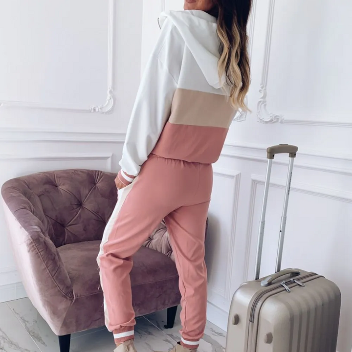 Patchwork Style Zipper Hoodie Comfy Jogger Set