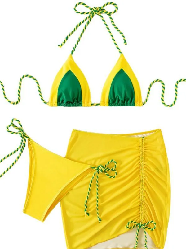 Women Fashion Sexy Halter Neck Lace-Up Bikini Swimsuit Three-Piece Set