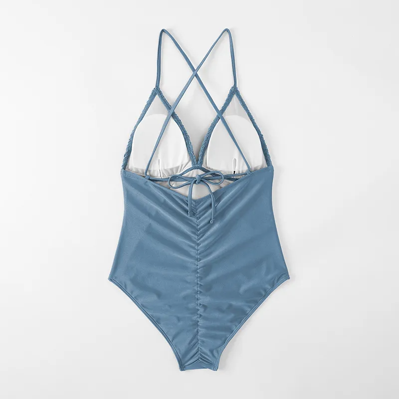 V-Neck Solid Color One-Piece Swimsuit