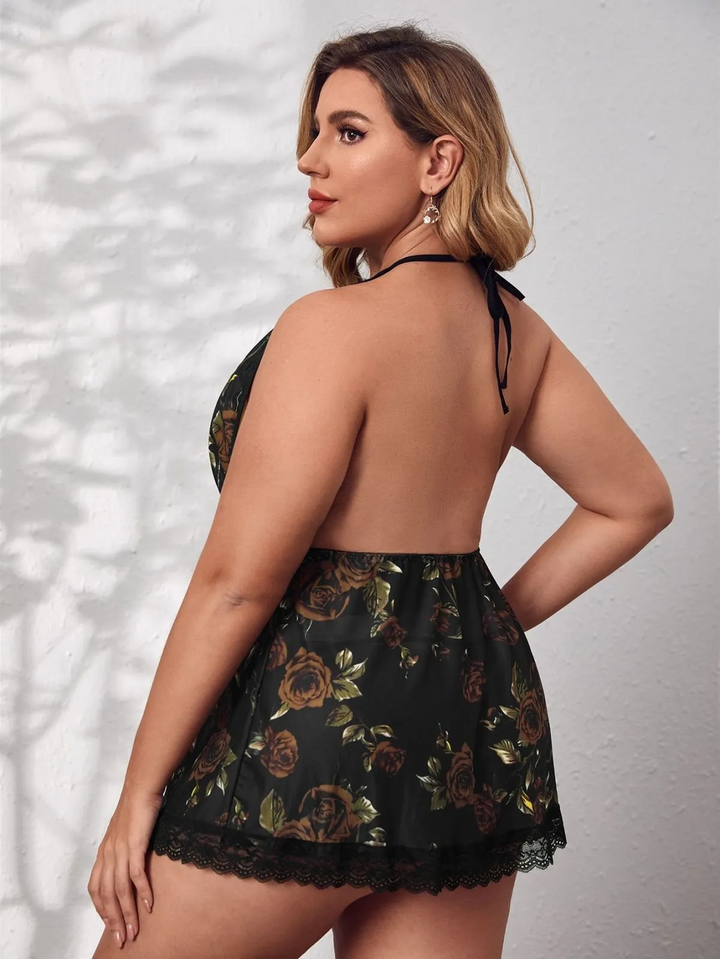 Plus Size Floral Lace Backless Hollow Lingerie Set