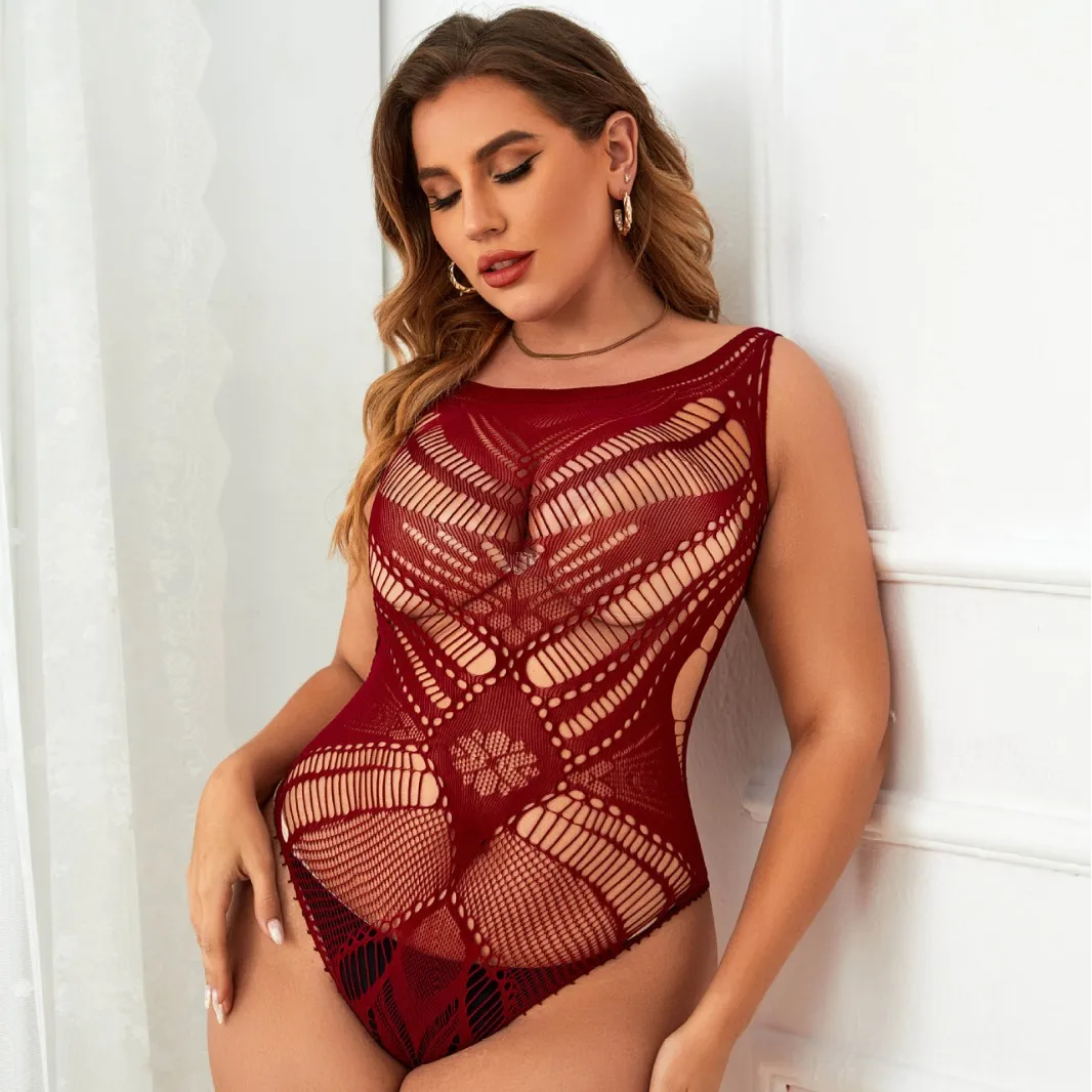 Plus Size Open-Crotch Hollow-Out Lingerie Bodysuit
