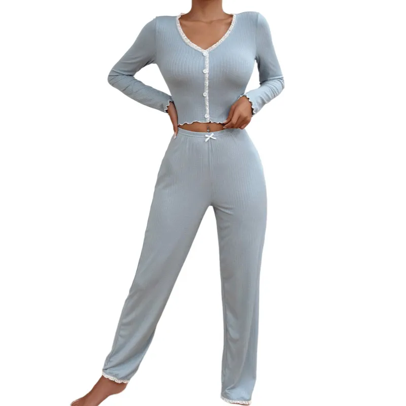 Casual Solid Color Lace Loungewear Set