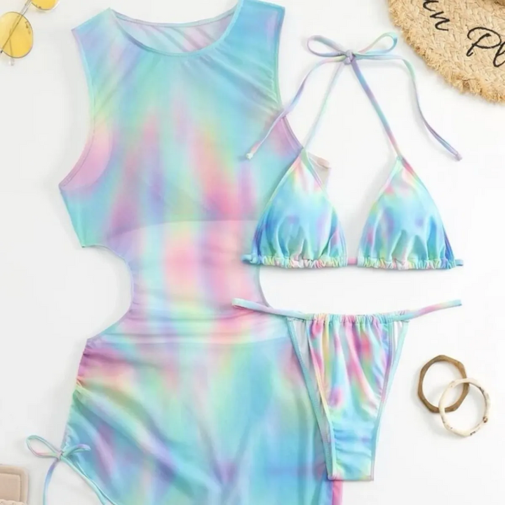 Summer Women Fashion Gradient Printing Bikini Swimsuit Mesh Cover-Ups Three-Piece Set